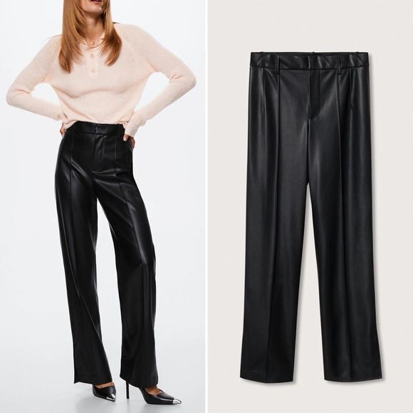 Mango Women High Waist Faux Leather Pants Size 6 Straight Split Hem Black - Picture 1 of 8